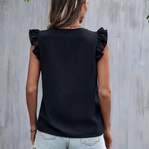 Boho  Plunging Neck Lace Trim Ruffle Sleeve Blouse black - Picture 5 of 6